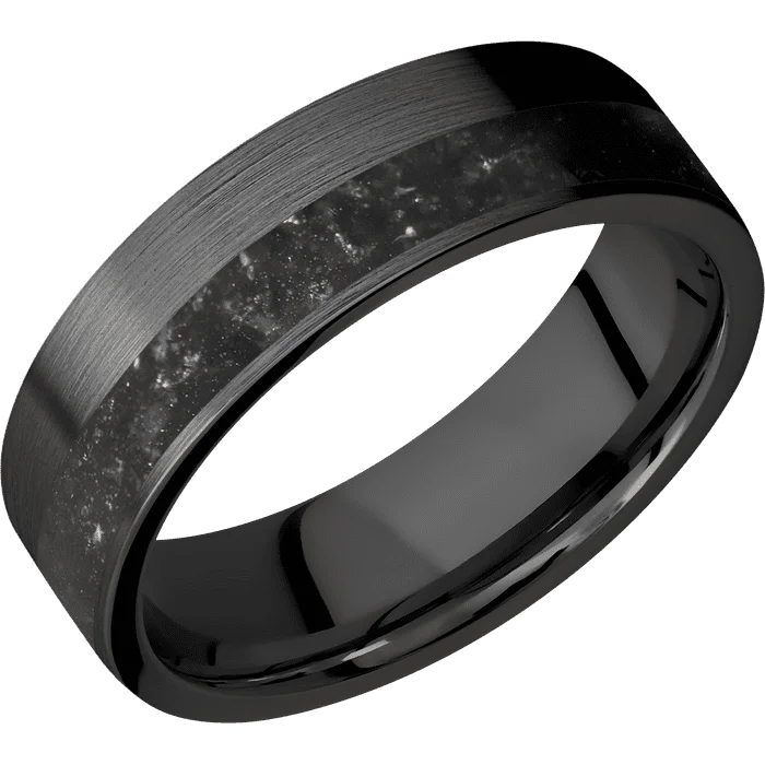 gold wedding rings with custom designs-7mm wide Flat Black Titanium Ring with Satin Finish / One 3mm Off Center Black Onyx Inlay