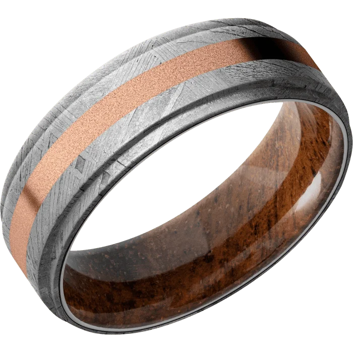 women’s wedding rings with birthstones-7mm wide Flat Grooved Edges Meteorite Ring / One 2mm Centered 18k Rose Gold Inlay with Sand Blast Finish / Koa Sleeve