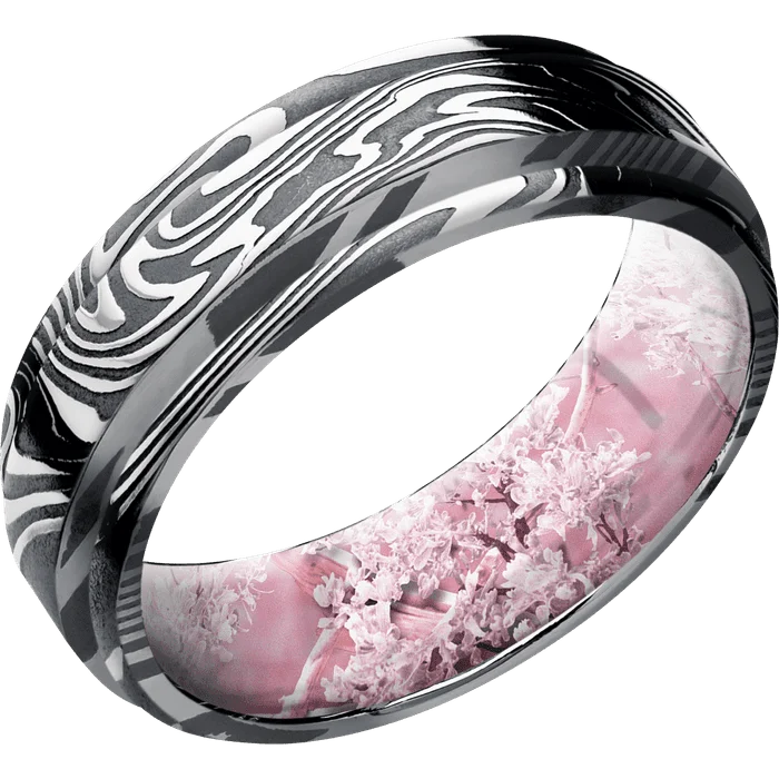 women’s engagement rings with sapphires and rubies-7mm wide Flat Rounded Edges Kinetic Damascus Steel Ring with Tumble Kuro Damascus Finish / Kings Pink Camo Sleeve