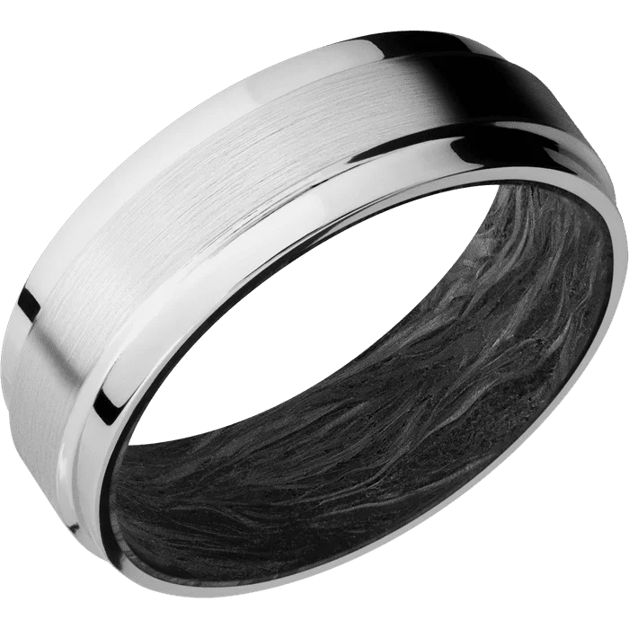 personalized wedding bands with gemstones-7mm wide Flat Wide Grooved Edges Inconel Ring with Satin Finish / Forged Carbon Fiber Sleeve