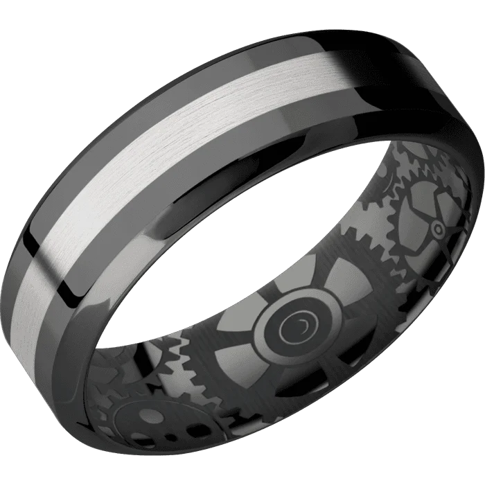 men’s rings with engraved names-7mm wide High Bevel Black Zirconium Ring with Polish Finish / One 2mm Centered Palladium Silver Inlay with Satin Finish / Gears Interior Pattern