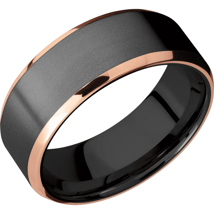 men’s wedding rings with gemstones and diamonds-8mm wide Beveled Black Titanium Ring with Bead Blast Finish / Two 1mm Edge 14k Rose Gold Inlay with Polish Finish