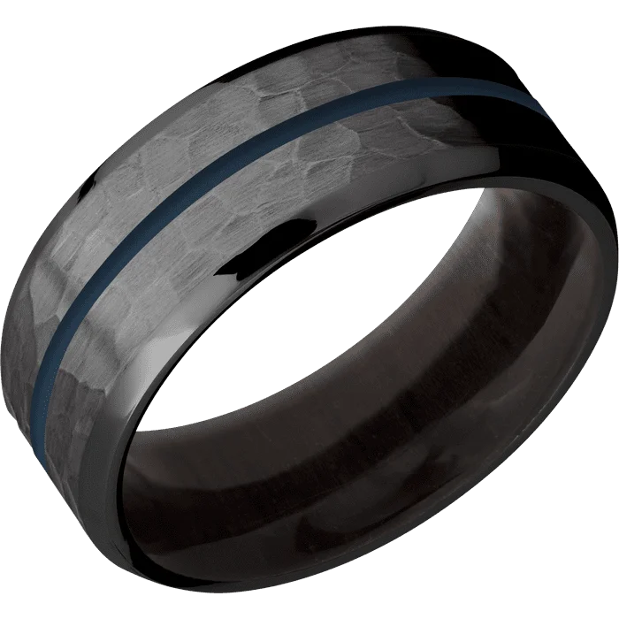 men’s rings with gemstones and diamonds for wedding-8mm wide Beveled Black Titanium Ring with Hammer Finish / One 1mm Centered Navy Blue Cerakote Inlay / Madagascar Rose Wood Sleeve