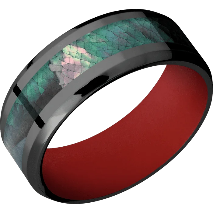 affordable wedding rings for women with diamonds-8mm wide Beveled Black Titanium Ring with Polish Finish / One 4mm Centered Black Mother of Pearl Inlay / USMC Red Cerakote Sleeve