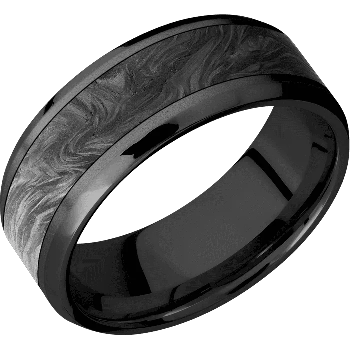 wedding bands for women with diamonds and sapphires-8mm wide Beveled Black Zirconium Ring with Bead Blast Finish / One 5mm Centered Forged Carbon Fiber Inlay