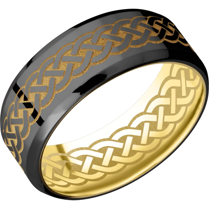 silver rings with rubies for women-8mm wide Beveled Black Zirconium Ring with Polish Finish / Celtic 9 Design and Gold Cerakote Accents / 10k Yellow Gold Sleeve / Celtic 9 Interior Pattern