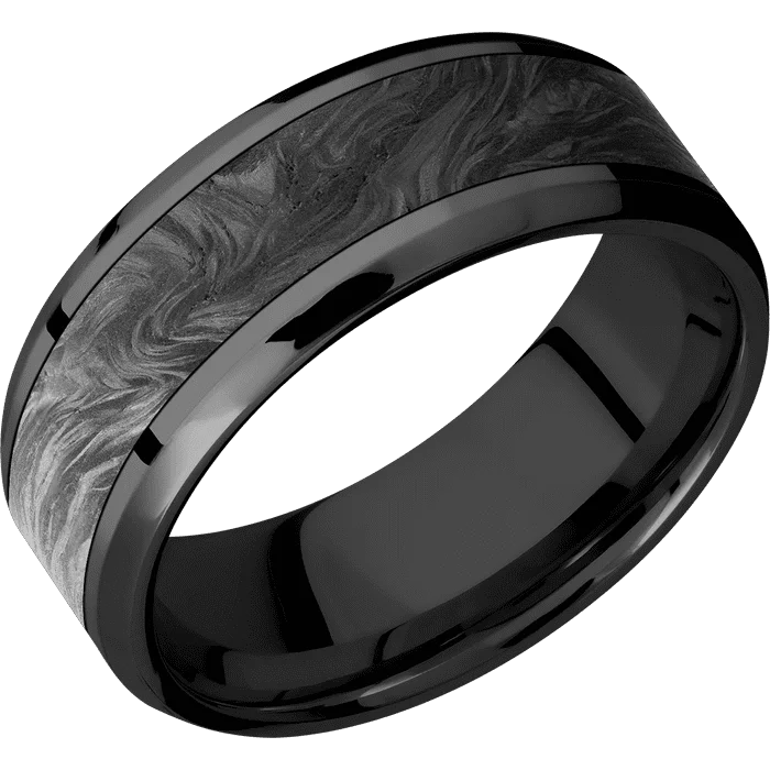 men’s wedding rings with emeralds and diamonds-8mm wide Beveled Black Zirconium Ring with Polish Finish / One 5mm Centered Forged Carbon Fiber Inlay