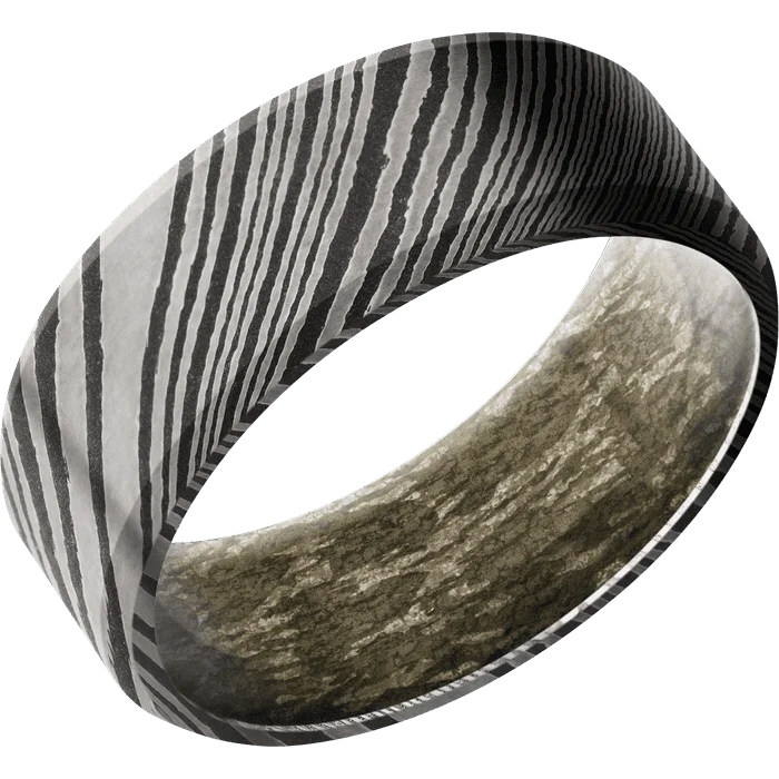 women’s rings with custom engravings-8mm wide Beveled Damascus Steel Ring with Acid Damascus Finish / MossyOak Bottomland Camo Sleeve