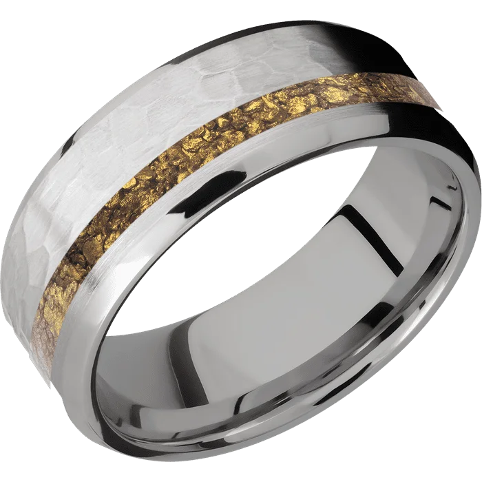 platinum wedding rings with diamonds for women-8mm wide Beveled Titanium Ring with Hammer Finish / One 2mm Off Center 24k Raw Gold Nugget Inlay