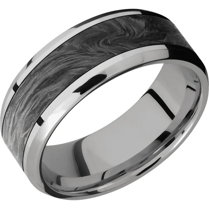 wedding bands for men with cubic zirconia-8mm wide Beveled Titanium Ring with Polish Finish / One 5mm Centered Forged Carbon Fiber Inlay