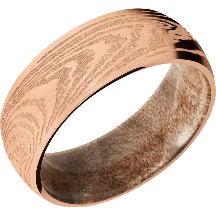 platinum engagement rings for women with diamonds-8mm wide Domed 14k Rose Gold Ring with Satin Finish / Woodgrain Design / Maple Burl Sleeve