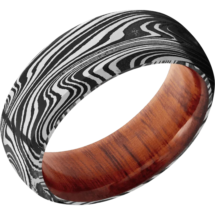 custom wedding rings for men with diamonds-8mm wide Domed Bevel Marble Damascus Steel Ring with Tumble Kuro Damascus Finish / Pernambuco Sleeve