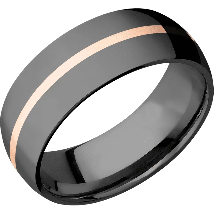 custom gold rings for women with diamonds-8mm wide Domed Black Titanium Ring with Polish Finish / One 1mm Centered 14k Rose Gold Inlay with Polish Finish