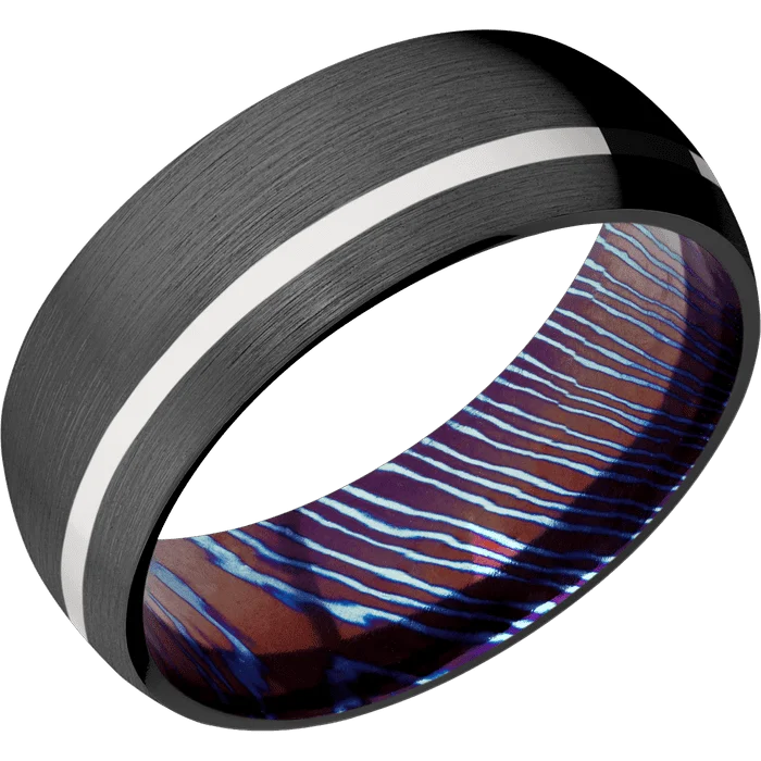 wedding rings with sapphires and diamonds for women-8mm wide Domed Black Titanium Ring with Satin Finish / One 1mm Off Center Platinum Inlay with Polish Finish / Kuro-Ti Sleeve