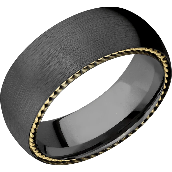 vintage wedding rings for women with diamonds-8mm wide Domed Black Titanium Ring with Satin Finish / Two 1mm Sidebraid 14k Yellow Gold Inlay with Polish Finish