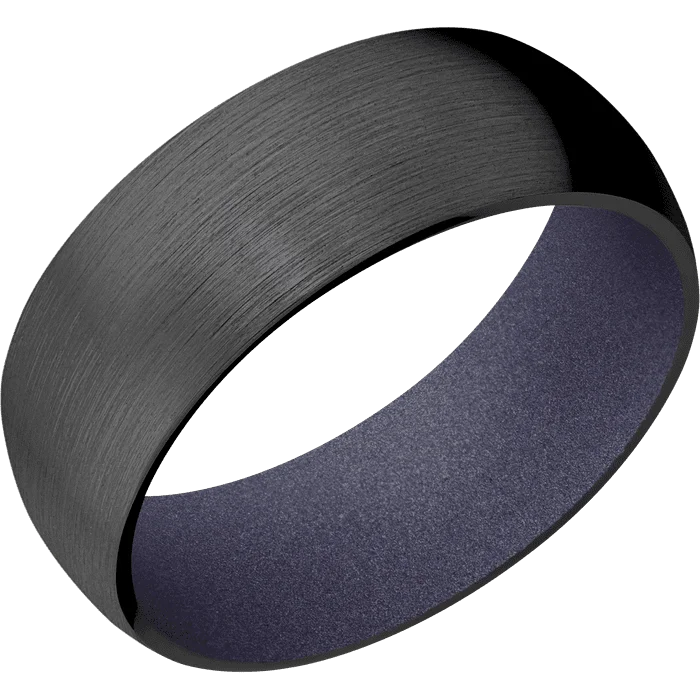 custom wedding rings for men with sapphires and rubies-8mm wide Domed Black Zirconium Ring with Satin Finish / Crushed Orchid Cerakote Sleeve