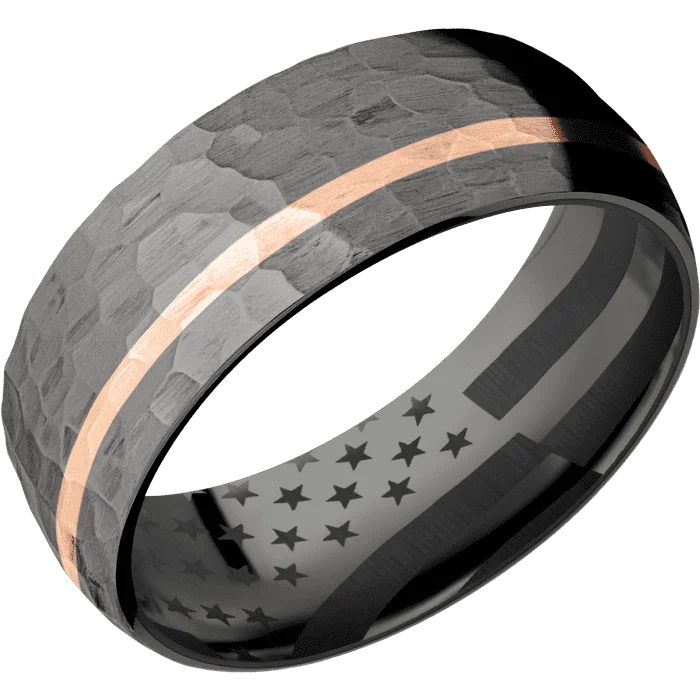 men’s wedding bands with multi-stones-8mm wide Domed Darkened Tantalum Ring with Hammer Finish / One 1mm Off Center 18k Rose Gold Inlay with Hammer Finish / Black Titanium Sleeve / None Interior Pattern