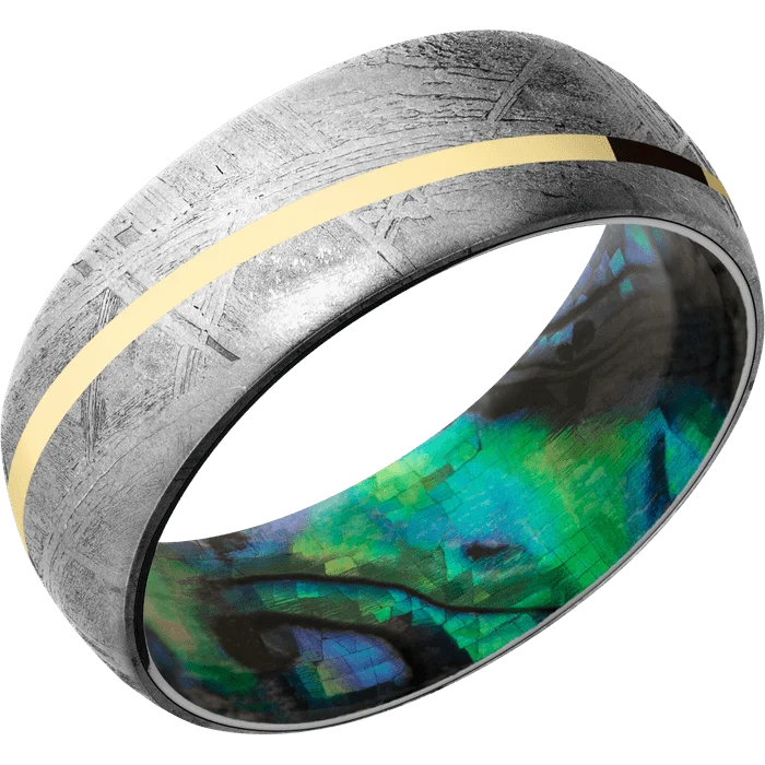 platinum wedding bands with rubies for men-8mm wide Domed Meteorite Ring / One 1mm Angled 18k Yellow Gold Inlay with Polish Finish / Abalone Sleeve