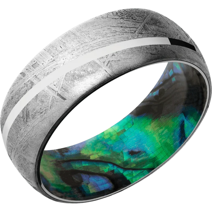 custom wedding rings with emeralds and diamonds-8mm wide Domed Meteorite Ring / One 1mm Angled Platinum Inlay with Polish Finish / Abalone Sleeve