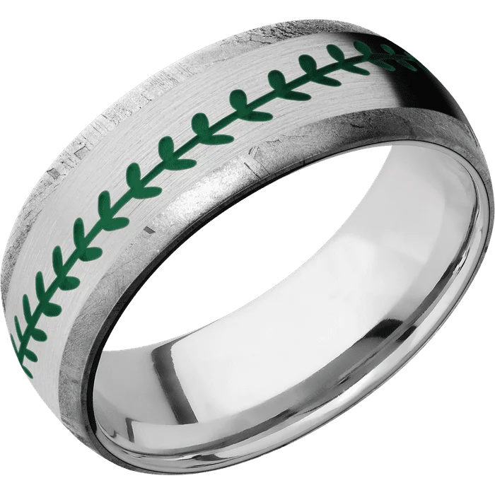 gold wedding bands for couples with diamonds-8mm wide Domed Meteorite Ring / One 5mm Centered 14k White Gold Inlay with Satin Finish / Baseball Inlay Design and Green Cerakote Inlay Design Accents / Titanium Sleeve