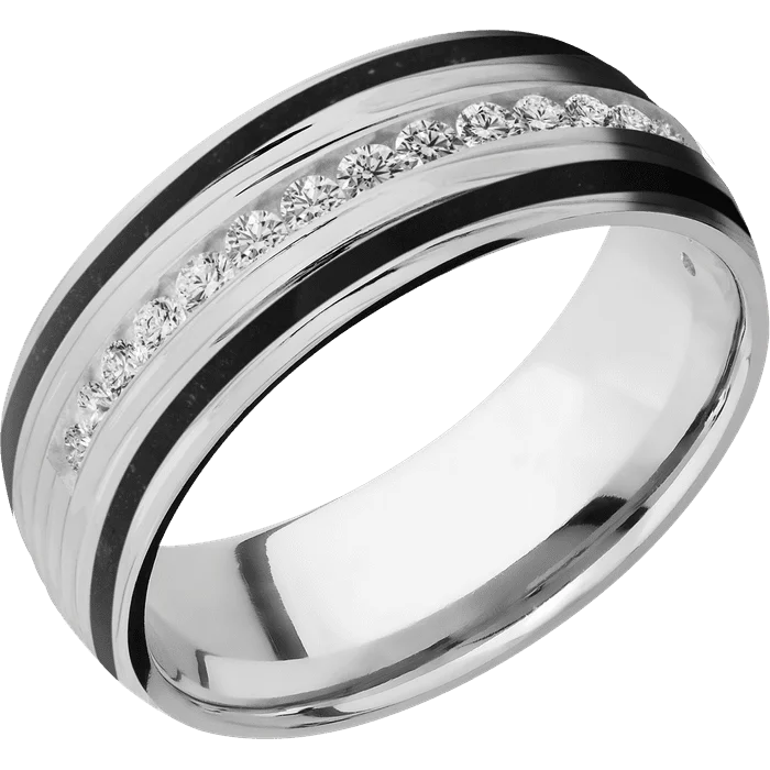 gold wedding bands with engraved initials-8mm wide Domed Platinum Ring with Treebark 3 Finish / Half Eternity Round .03 carat Diamond Channel-Set Gemstones / Two 1mm Centered Black Tourmaline Inlay