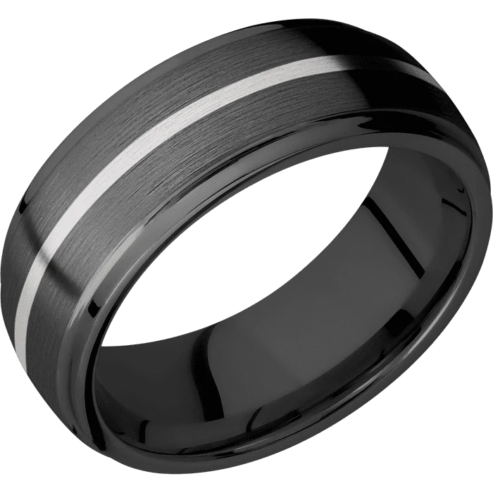 classic engagement rings with diamonds for women-8mm wide Domed Stepped Down Edges Black Titanium Ring with Satin Finish / One 1mm Centered 18k White Gold Inlay with Satin Finish