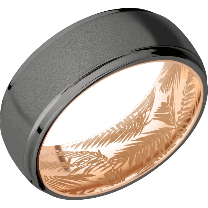 silver rings with sapphires for men-8mm wide Domed Stepped Down Edges Darkened Tantalum Ring with Sand Blast Finish / 14k Rose Gold Sleeve / None Interior Pattern