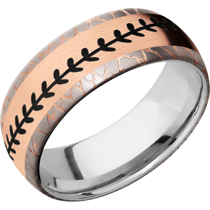 platinum engagement rings with diamonds for men-8mm wide Domed Superconductor Ring with Bead Blast Etched Superconductor Finish / One 5mm Centered 14k Rose Gold Inlay with Satin Finish / Baseball Inlay Design and Black Cerakote Inlay Design Accents / Titanium Sleeve