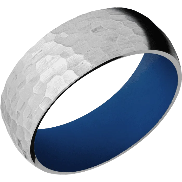 silver wedding bands for couples-8mm wide Domed Titanium Ring with Hammer Finish / Royal Blue Cerakote Sleeve