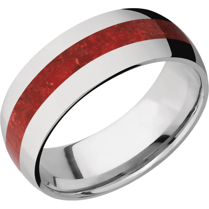 silver wedding bands for men with diamonds-8mm wide Domed Titanium Ring with Polish Finish / One 3mm Centered Coral Inlay