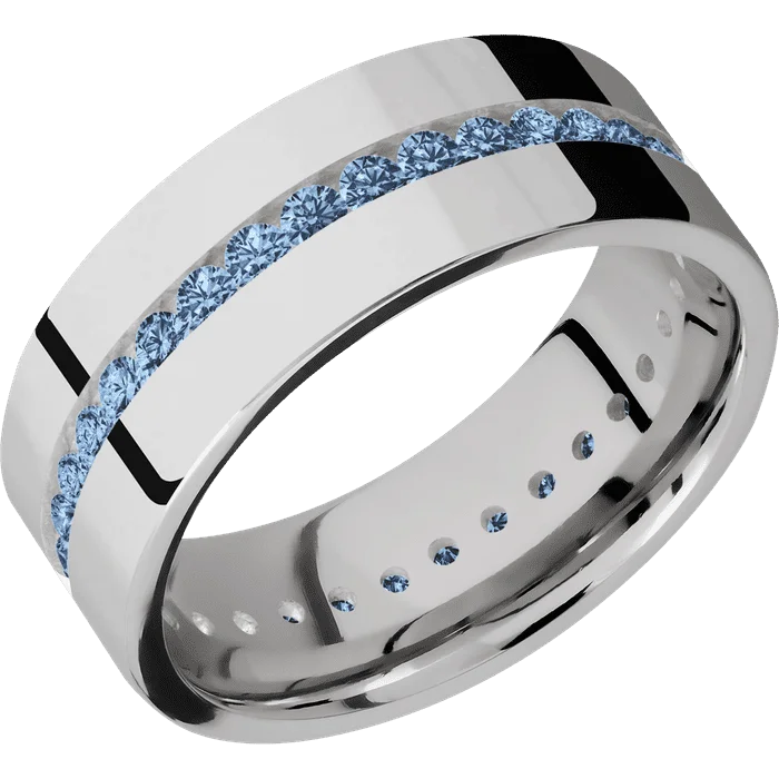 vintage wedding bands with diamonds and sapphires-8mm wide Flat 14k White Gold Ring with Polish Finish / Eternity Round .03 carat Denim Sapphire Channel-Set Gemstones