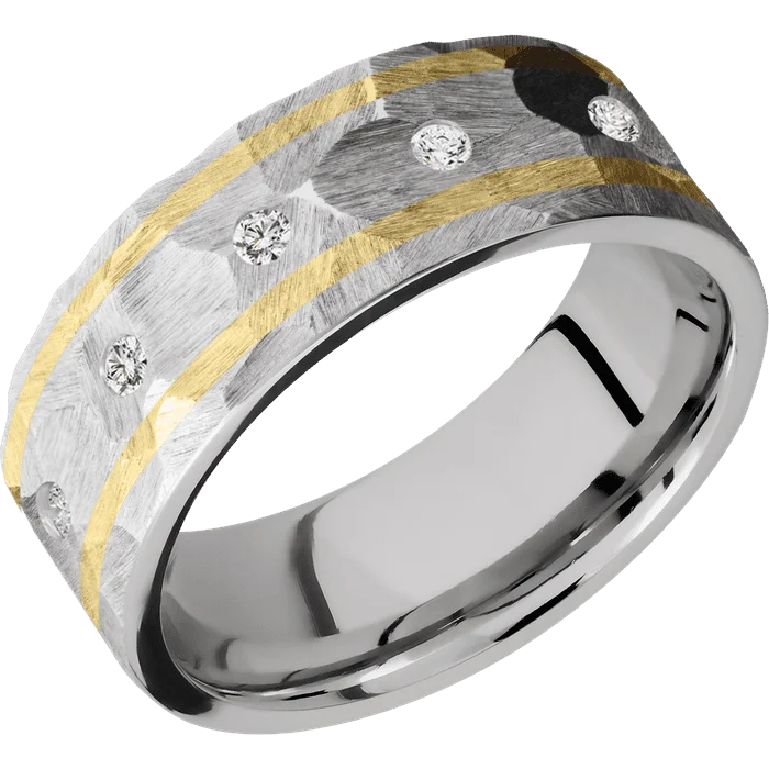 women’s rings with diamonds and rubies-8mm wide Flat 14k White Gold Ring with Rock Finish / 5 Round .03 carat Diamond Flush-Set Gemstones / Two 1mm Centered 14k Yellow Gold Inlay