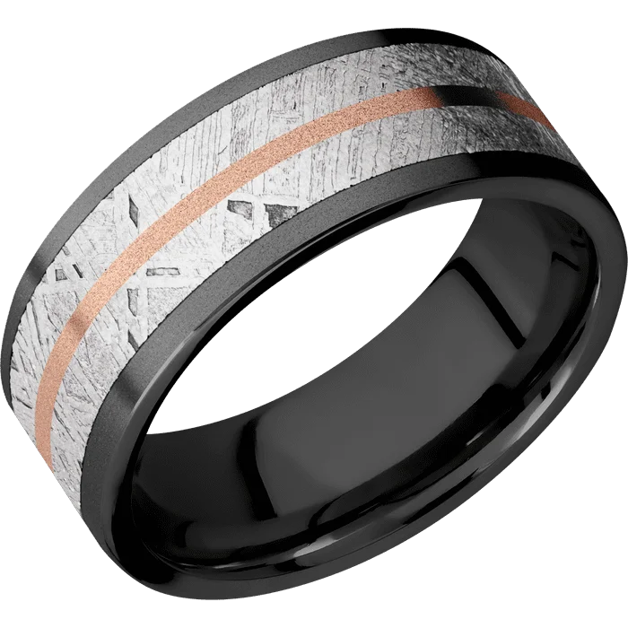 personalized wedding bands with rubies-8mm wide Flat Black Titanium Ring with Bead Blast Finish / One 6mm Centered Meteorite Inlay / One 1mm Centered 14k Rose Gold Inlay with Sand Blast Finish