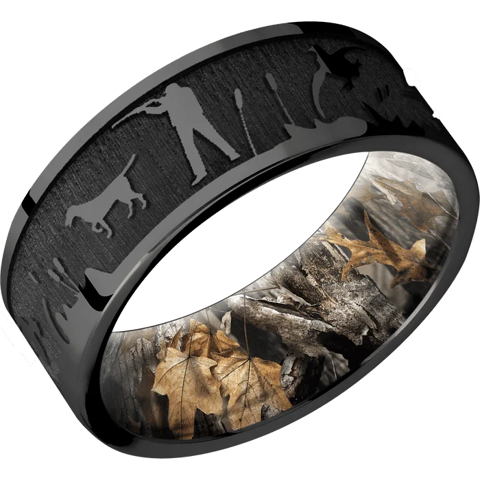 women’s platinum rings with colored diamonds-8mm wide Flat Black Titanium Ring with Polish Finish / Duckhunt Design / RealTree Timber Camo Sleeve