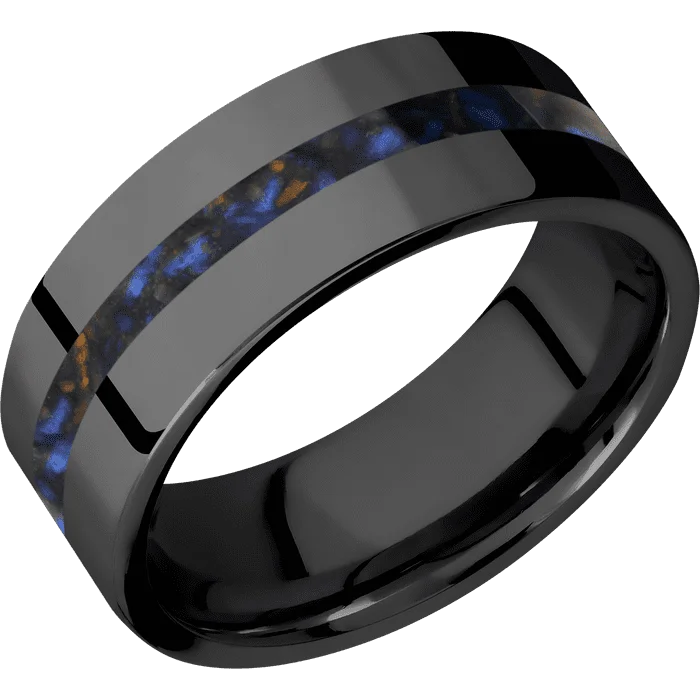 women’s custom wedding rings with rubies-8mm wide Flat Black Titanium Ring with Polish Finish / One 2mm Centered Blue Tigers Eye Inlay