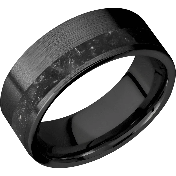 custom wedding rings with engraved initials for couples-8mm wide Flat Black Titanium Ring with Satin Finish / One 3mm Off Center Black Onyx Inlay