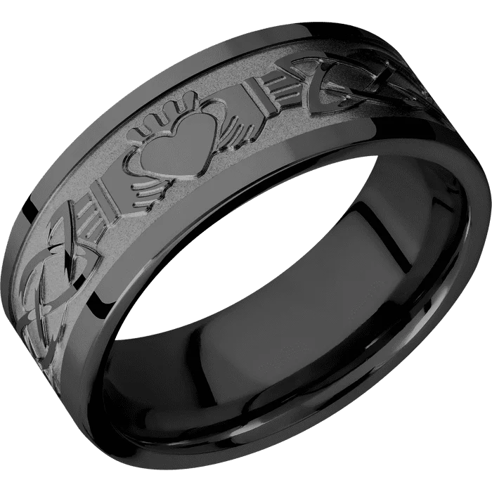 men’s wedding rings with rubies and sapphires-8mm wide Flat Black Zirconium Ring with Polish Finish / Claddagh Celtic Design