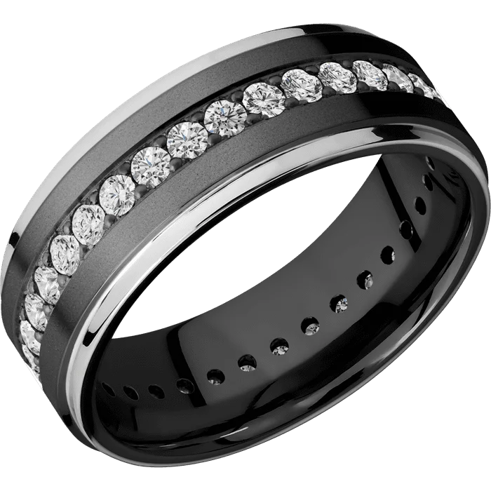 silver rings for women with diamonds and sapphires-8mm wide Flat Grooved Edges Black Zirconium Ring with Bead Blast Finish / Two 1mm Edge Palladium Silver Inlay with Polish Finish / Eternity Round .03 carat Lab Grown Diamond Bead-Set Gemstones