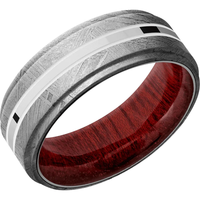 men’s rings with diamonds and emeralds-8mm wide Flat Grooved Edges Meteorite Ring / One 1mm Centered 18k White Gold Inlay with Polish Finish and Snow White Cerakote Accents / Blood Wood Sleeve