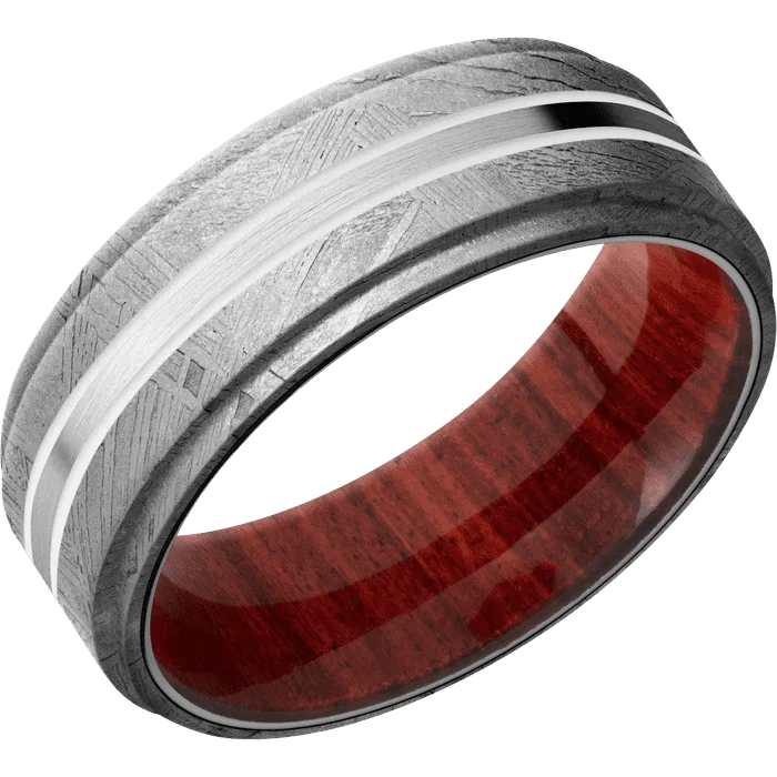 women’s wedding bands with rubies and sapphires-8mm wide Flat Grooved Edges Meteorite Ring / One 1mm Centered Palladium Silver Inlay with Satin Finish and Snow White Cerakote Accents / Red Heart Sleeve