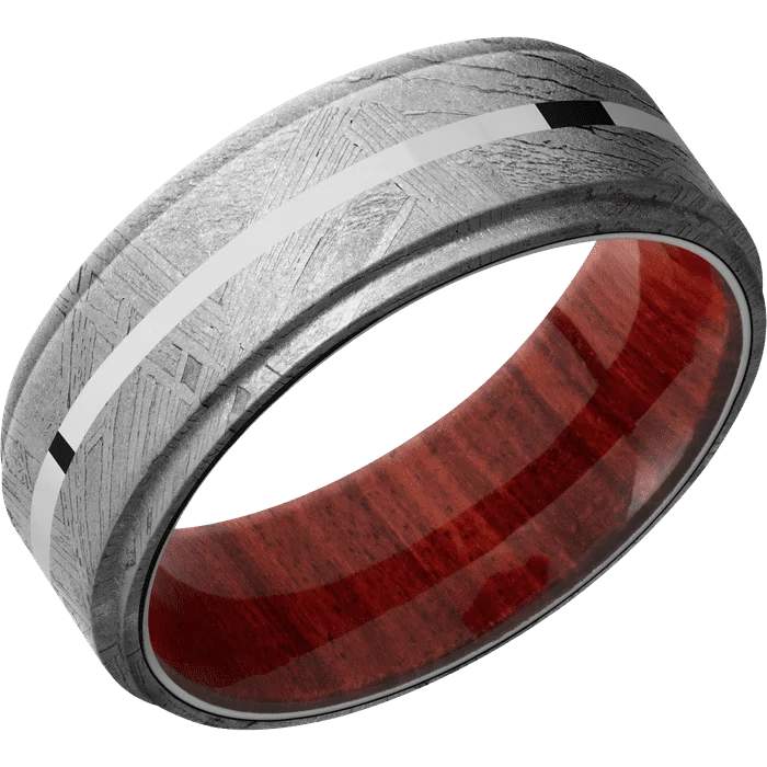 custom rings for men with rubies and sapphires-8mm wide Flat Grooved Edges Meteorite Ring / One 1mm Centered Platinum Inlay with Polish Finish / Red Heart Sleeve