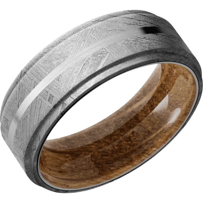 custom engagement rings with colored diamonds-8mm wide Flat Grooved Edges Meteorite Ring / One 1mm Centered Platinum Inlay with Satin Finish / Whiskey Barrel Sleeve