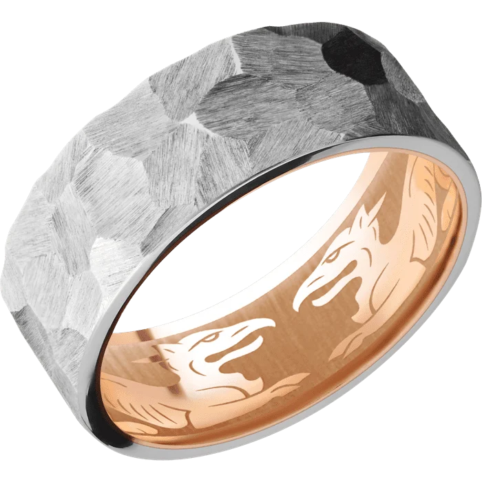 men’s wedding rings with gemstones and sapphires-8mm wide Flat Palladium Silver Ring with Rock Finish / 18k Rose Gold Sleeve / Griffin Interior Pattern