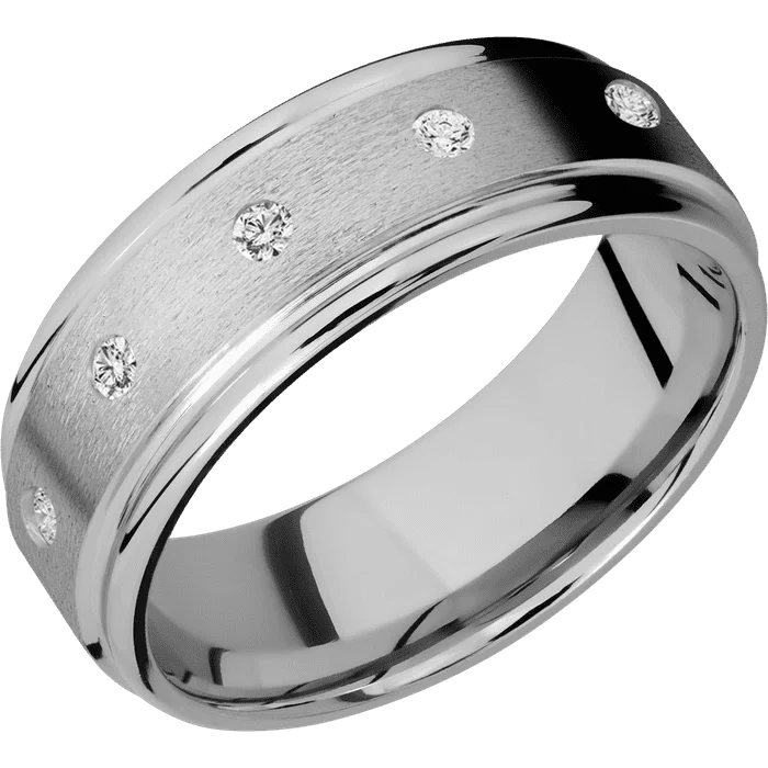 personalized wedding bands with engraved initials-8mm wide Flat Rounded Edges Titanium Ring with Stone Finish / 5 Round .03 carat Lab Grown Diamond Flush-Set Gemstones