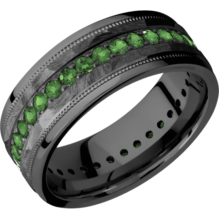 custom engagement rings with rubies for men-8mm wide Flat Stepped Edges Milgrain Black Zirconium Ring with Rock Finish / Eternity Round .03 carat Green Diamond Bead-Set Gemstones