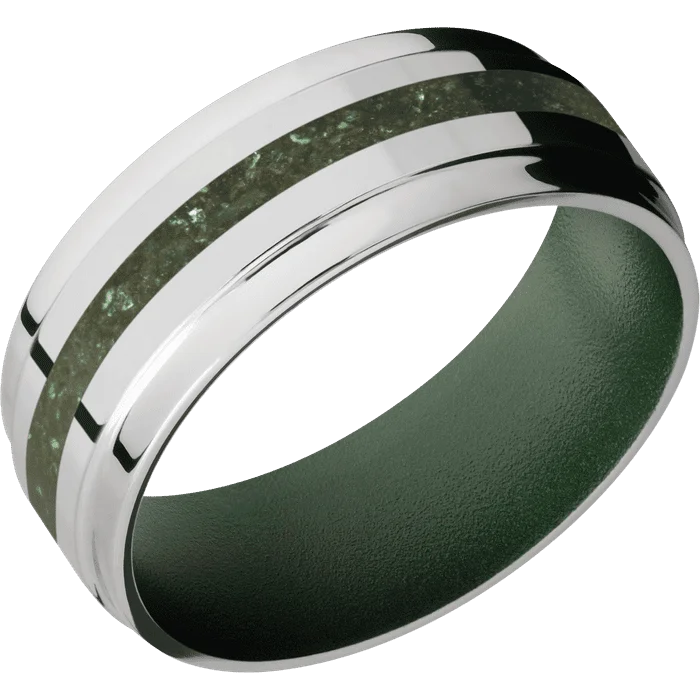 wedding rings for men with custom engraving-8mm wide Flat Wide Grooved Edges Titanium Ring with Sand Blast Finish / One 2mm Centered Green Fuschite Inlay / Highland Green Cerakote Sleeve