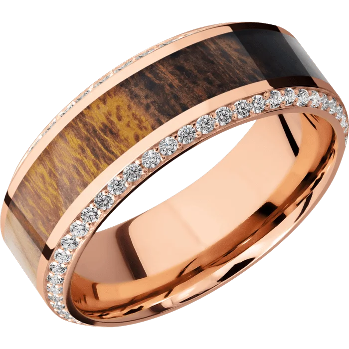 wedding bands for women with emerald diamonds-8mm wide High Bevel 14k Rose Gold Ring with Polish Finish / Bevel Eternity Round .01 carat Lab Grown Diamond Bead-Set Gemstones / One 4mm Centered Desert Iron Wood Inlay