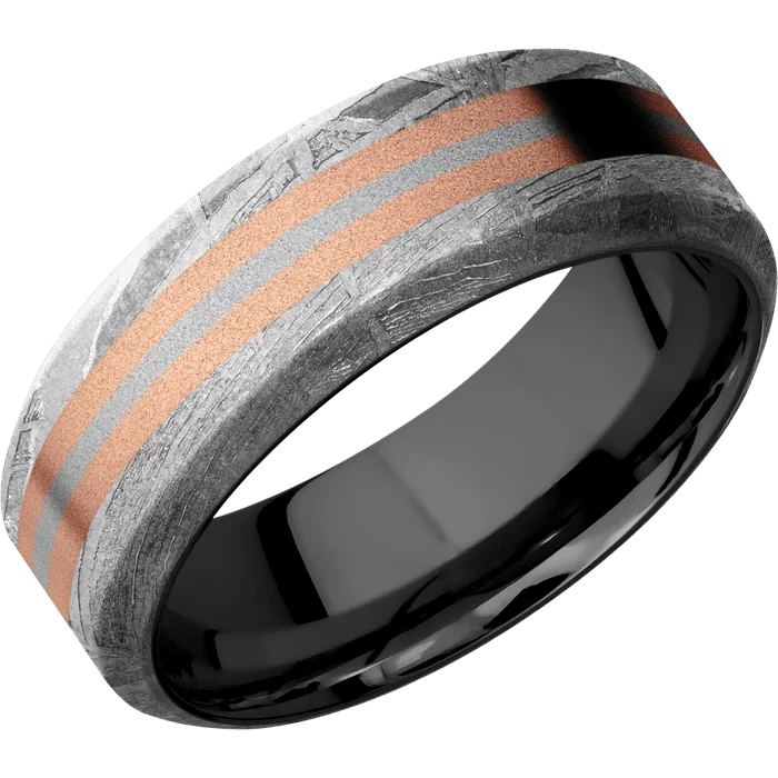 men’s titanium rings with diamonds-8mm wide High Bevel Meteorite Ring / One 3mm Centered 18k Rose Gold Inlay with Sand Blast Finish / One 1mm Centered 18k White Gold Inlay with Sand Blast Finish / Black Zirconium Sleeve