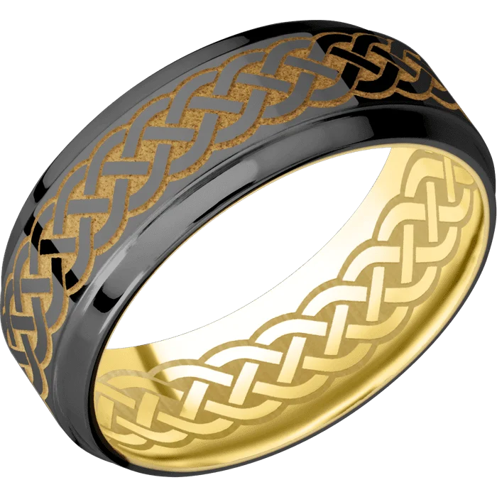 personalized diamond engagement rings-8mm wide Stepped Bevel Black Titanium Ring with Polish Finish / Celtic 9 Design and Gold Cerakote Accents / 10k Yellow Gold Sleeve / Celtic 9 Interior Pattern