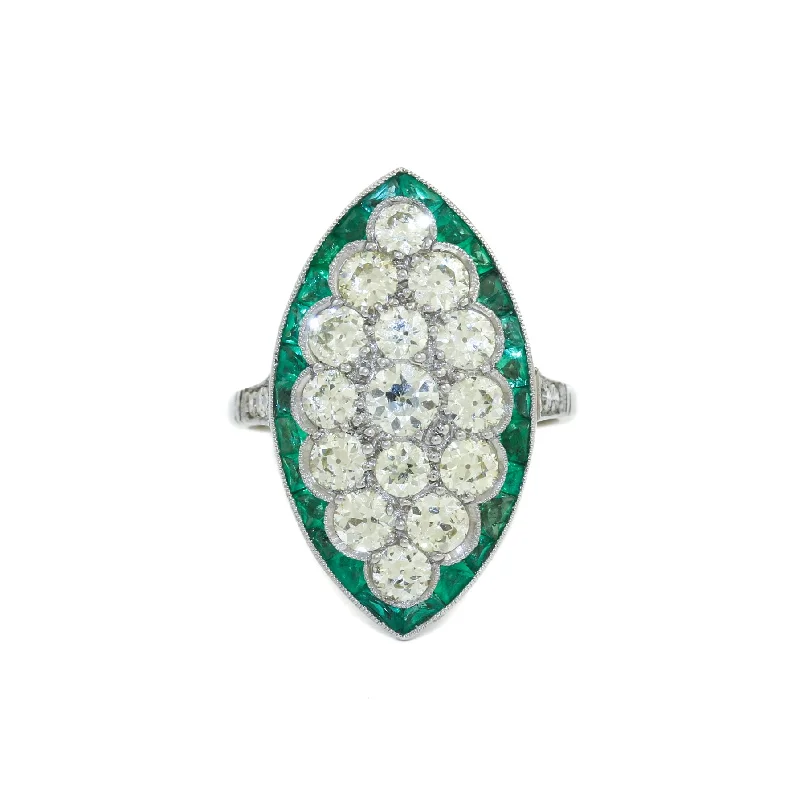 women’s rings with birthstones and diamonds-Antique Platinum x European Diamond & Emerald Cocktail Ring